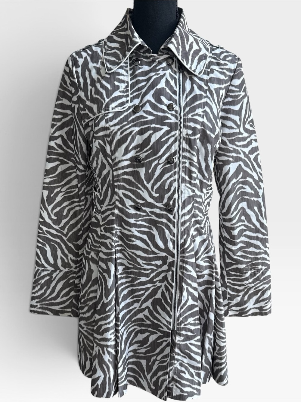 Guess Olive Green & White Zebra-Print Trench Coat